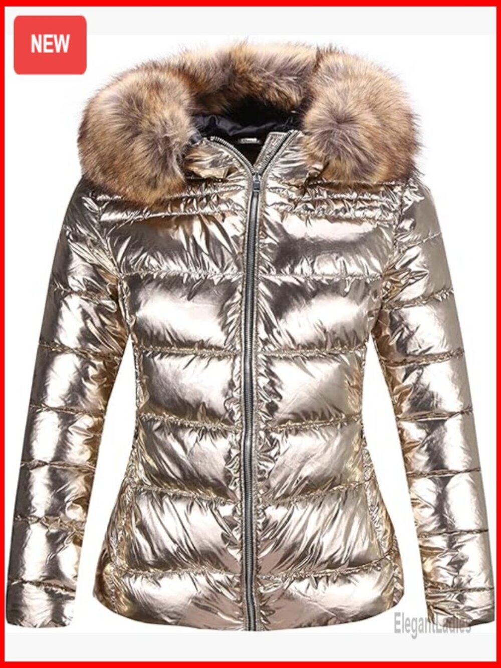 Women's Lightweight Puffer Jacket with Faux Fur Collar, Hooded Winter Coat